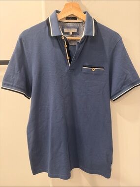 Ted Baker Men's Blue Polo with Contrast Trim and Pocket Detail